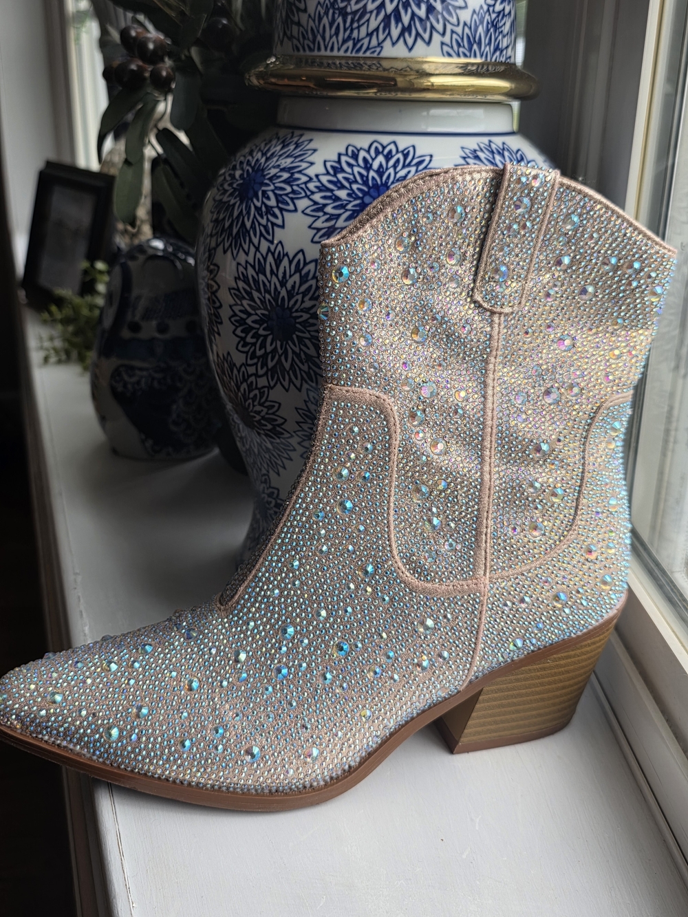 Women's Iridescent Rhinestone Western Ankle Boots